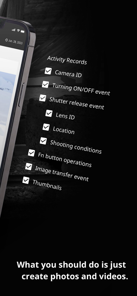 FUJIFILM XApp - Fujifilm XApp activity records screen showing tracking options like camera and lens ID