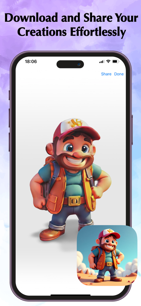 Pic3D Maker - Image to 3D - A 3D cartoon character model generated from a 2D photo in the Pic3D Maker app