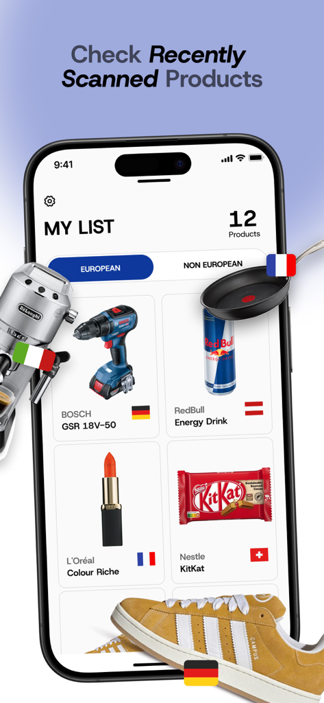 BrandSnap - Go European - BrandSnap app interface displaying a list of scanned European products including tools drinks and cosmetics with their country flags
