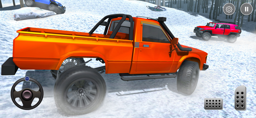 Offroad Pickup Truck Driving - Una camioneta todoterreno naranja conduciendo sobre nieve en un juego de simulación todoterreno.