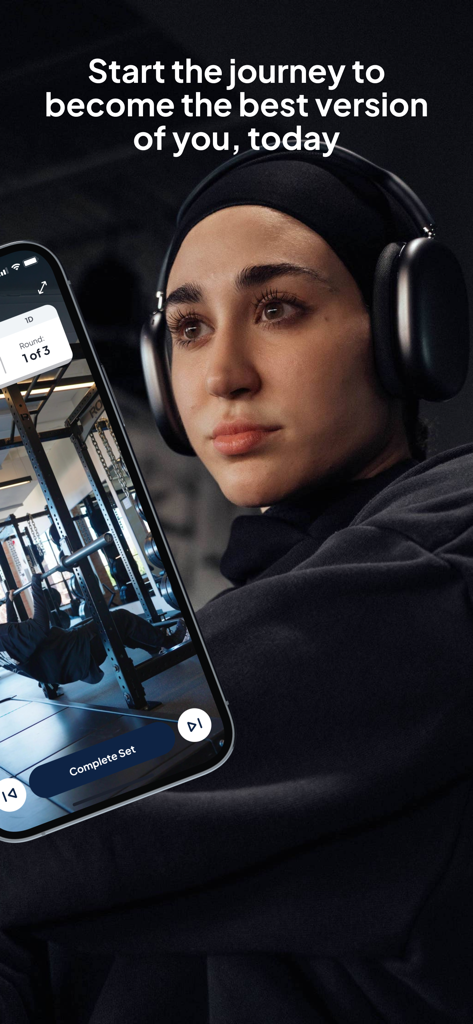 Uplift You - A woman wearing a hijab and headphones next to a smartphone showing the Uplift You app workout interface