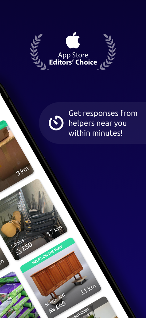 Tiptapp: Moves & Disposals - Tiptapp app interface showing the App Store Editors Choice award and local helper listings for moving and disposal tasks