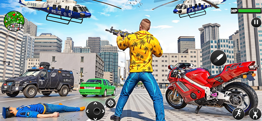 A person in a yellow hoodie holding a gun in a city with police helicopters and vehicles