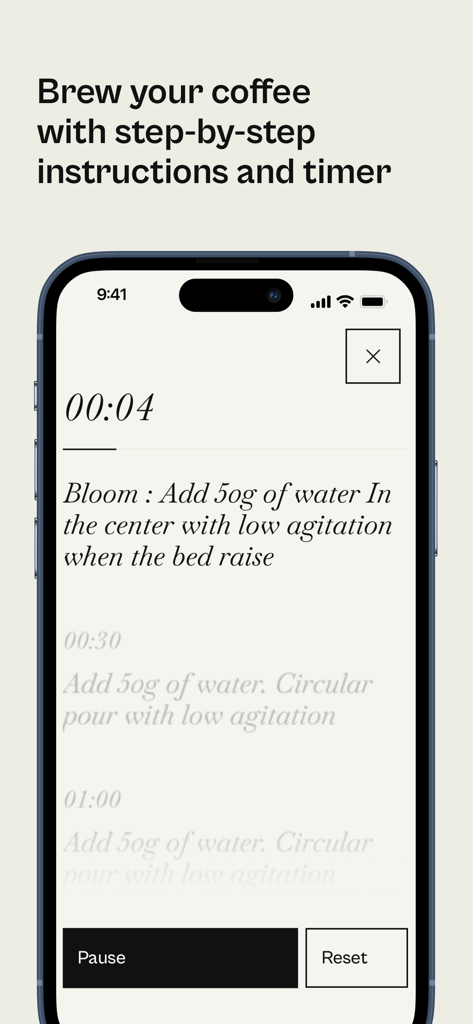 beean: brew your coffee right - Interfaz de una aplicación móvil que muestra un temporizador de preparación de café con instrucciones paso a paso para la fase de floración.