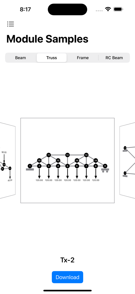 A-Projects app screenshot showing structural analysis module samples for a truss design