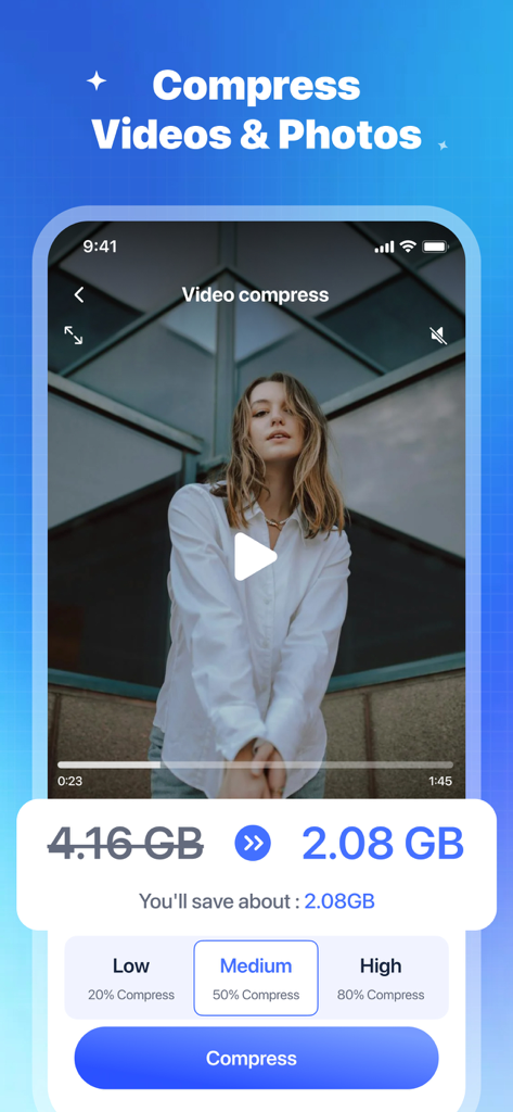 Fast Cleaner app interface showing video compression from 4GB to 2GB to save phone storage space