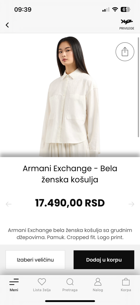 XYZ 패션 스토어 모바일 앱 인터페이스의 Armani Exchange 흰색 여성 셔츠 제품 페이지