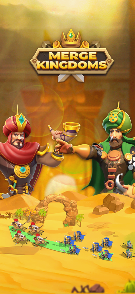 Merge Kingdoms - Pantalla de inicio del juego móvil Merge Kingdoms con dos caudillos y unidades militares en un paisaje desértico