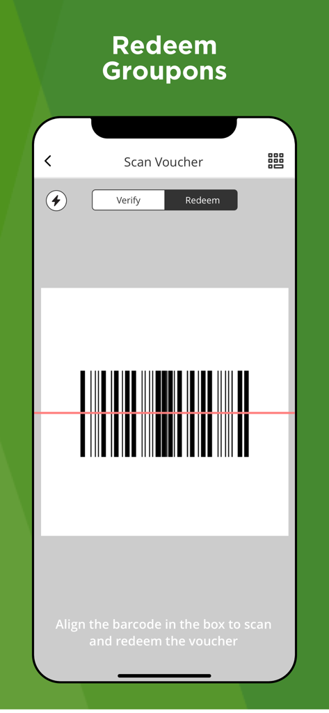 Groupon Merchant - Groupon Merchant mobile app interface for scanning and redeeming customer voucher barcodes.