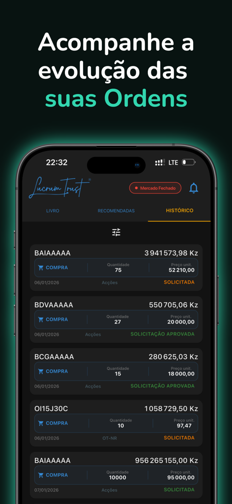 Lucrum Invest - Tela do aplicativo Lucrum Invest mostrando um histórico de ordens de investimento no mercado de ações angolano