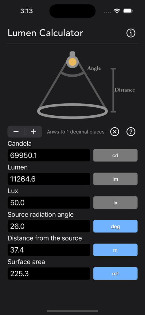 Lumen Calculator - Oberfläche der Lumen Calculator App, die Lichtmessumrechnungen für Candela, Lumen und Lux mit einem Strahlungsdiagramm der Quelle anzeigt