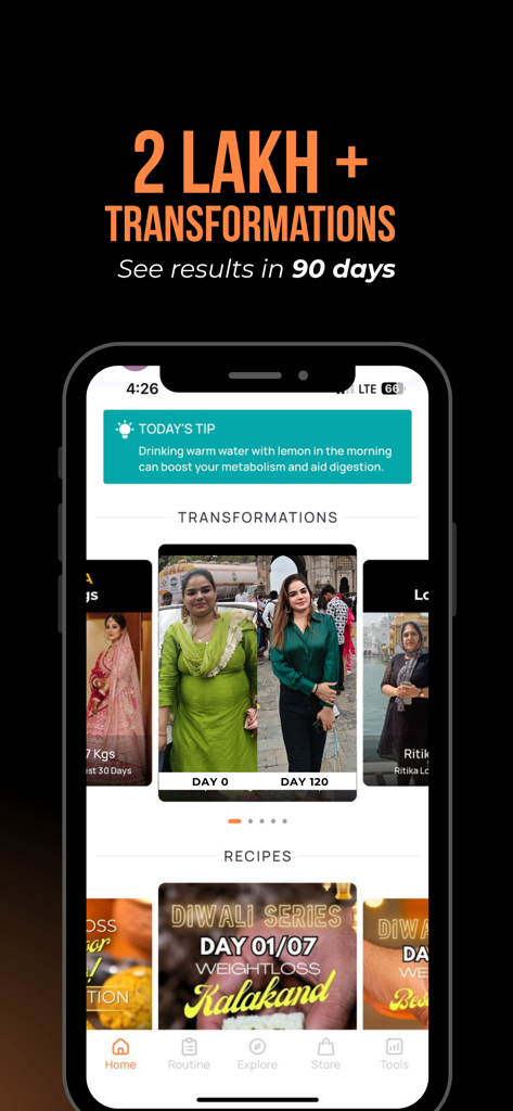 Interface do aplicativo Fitelo mostrando transformações de perda de peso de usuários e ideias de receitas saudáveis