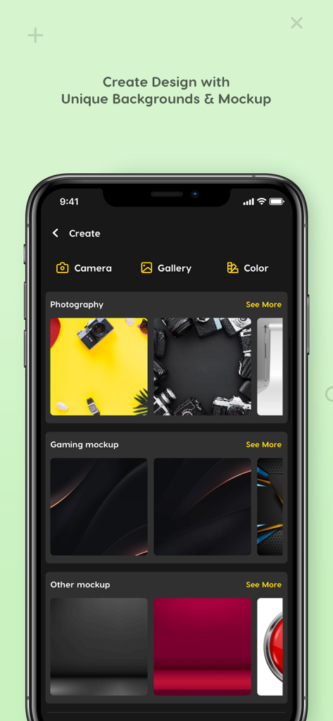 Logo Maker - logo design - Interface of the Logo Maker app showing various categories of mockups and backgrounds for design creation.