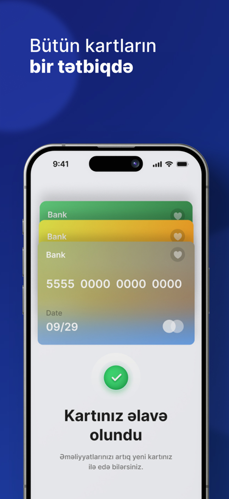 Hesab.az – Digital Wallet - 複数の銀行カードが1か所で管理されているHesab.azアプリが表示されたスマートフォンの画面