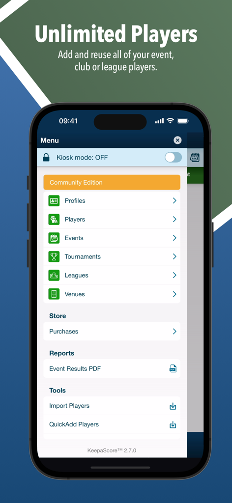 KeepaScore Pickleball Brackets - The menu screen of the KeepaScore app showing player and tournament management options for pickleball organizers