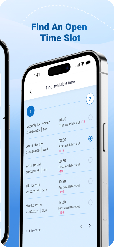 Mobile interface of DOCTOR clinix app showing available appointment time slots for medical providers