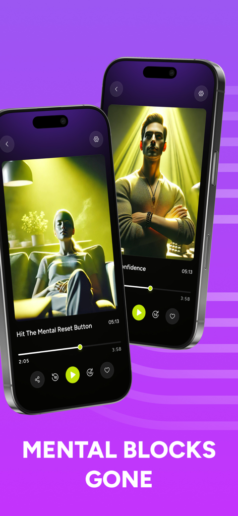 MINDMOD: Hypnosis & Meditation - Dos smartphones mostrando la interfaz de la aplicación MINDMOD con sesiones de hipnosis para confianza y reinicio mental sobre un fondo morado