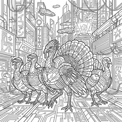 Unleash your creativity with this incredible Cyberpunk Turkeys coloring page, featuring a unique blend of nature and futuristic technology. Explore a detailed urban landscape filled with robotic fowl and intricate sci-fi elements, perfect for advanced colorists.