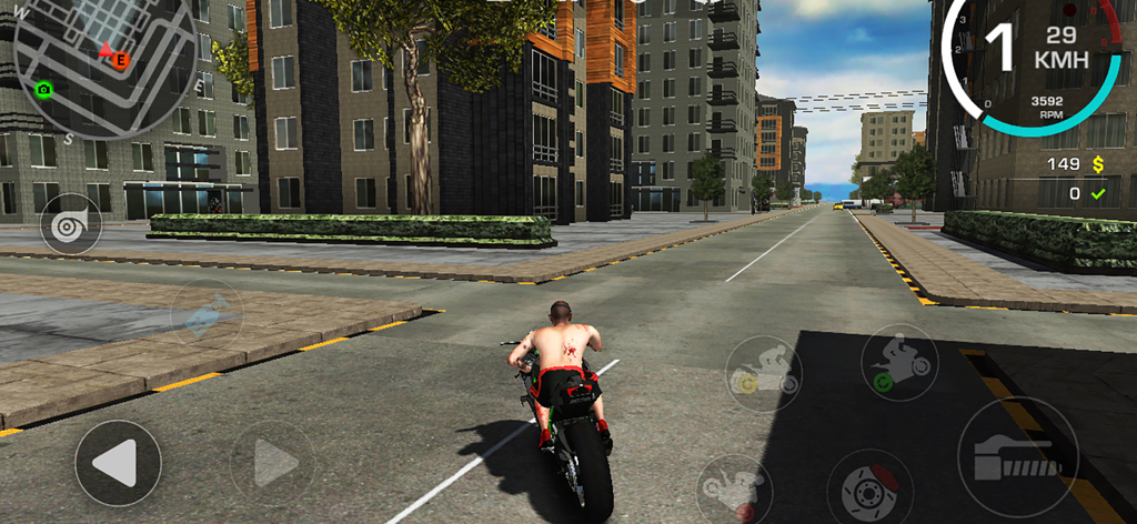 Xtreme Wheels - A 3D motorcycle simulation game showing a rider on a sports bike in a city environment with on-screen racing controls and HUD.