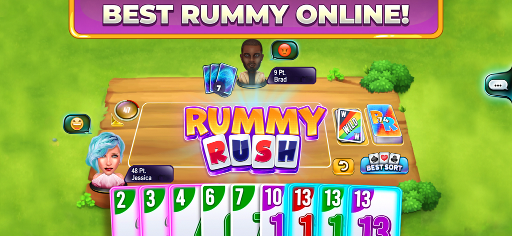 Rummy Rush - Classic Card Game - Rummy Rush online card game interface showing a multiplayer match with avatars and colorful cards