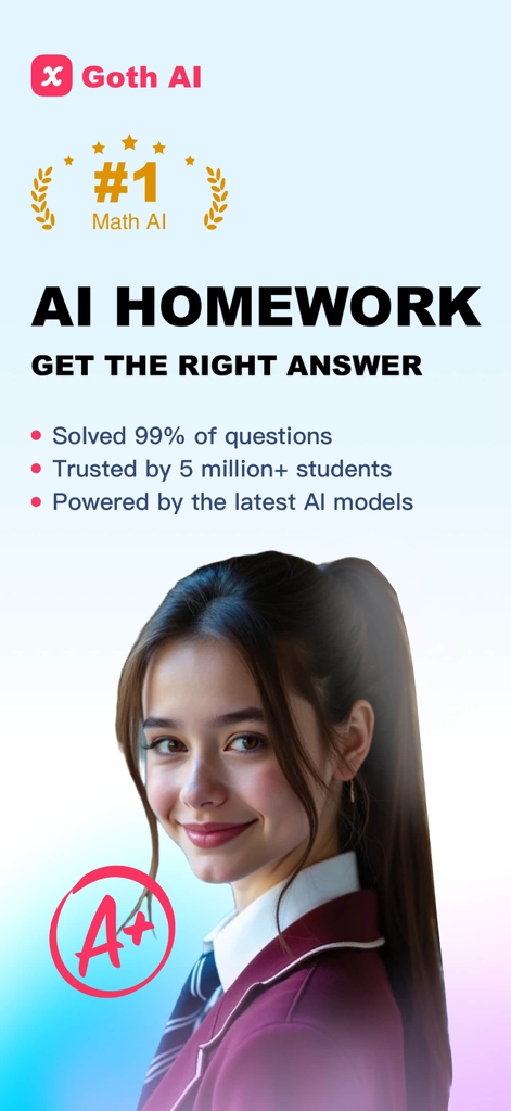 Goth AI - Math Problem Solver - Goth AI math problem solver app promotional screen showing a happy student and an A plus grade