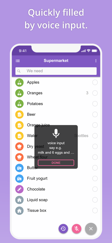 That Shopping List - Interface of the That Shopping List app showing how to add grocery items quickly using voice input commands