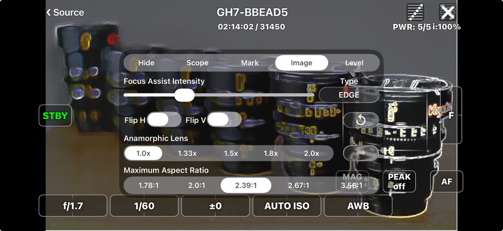 FieldMonitor - FieldMonitor app interface with settings for focus assist intensity, image flipping, and anamorphic lens desqueeze ratios.
