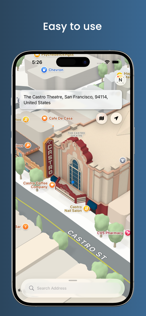 Address Finder - Eine 3D-Kartenansicht in der Address Finder App, die die Adresse des Castro Theatre in San Francisco zeigt.