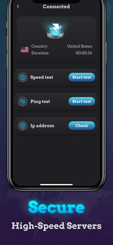 Stealth VPN dashboard showing a successful connection to a United States server with speed and ping test options