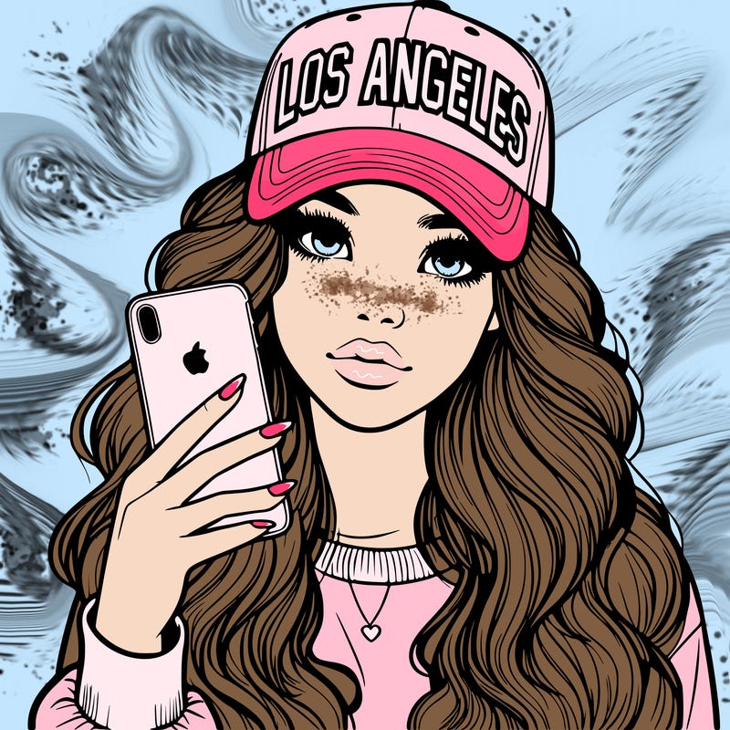 realistic beautiful girl wearing los ángeles cap holding an iphone