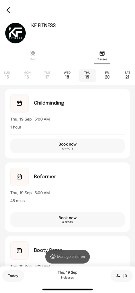 KF Fitness - KF Fitness mobile app screen showing a list of fitness classes with book now buttons