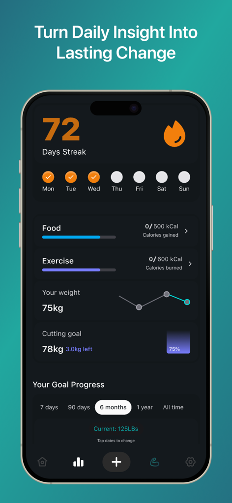 Arnold AI Fitness - Arnold AI Fitness app dashboard displaying a 72 day workout streak calorie tracking and weight goal progress