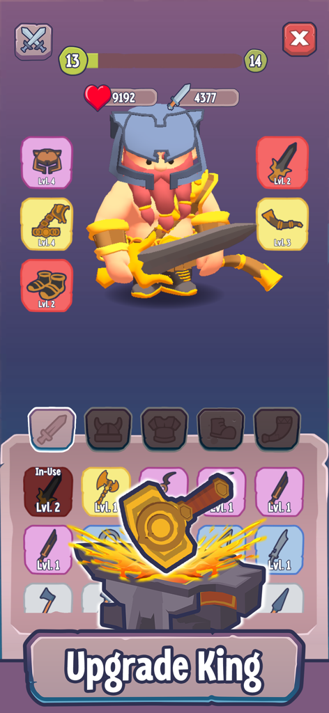 Dwarf Kingdom - Idle Survival - A stylized dwarf king character screen in Dwarf Kingdom Idle Survival showing equipment slots and an anvil for upgrading