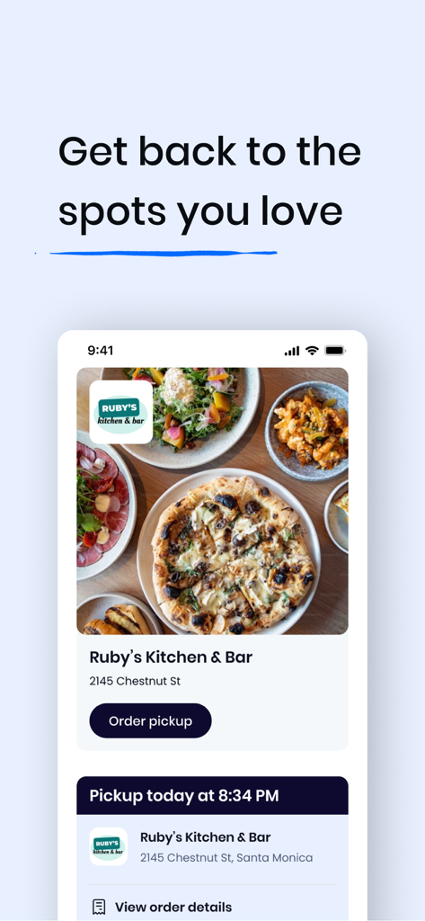 GoTo Place app screen showing a restaurant menu and order pickup option