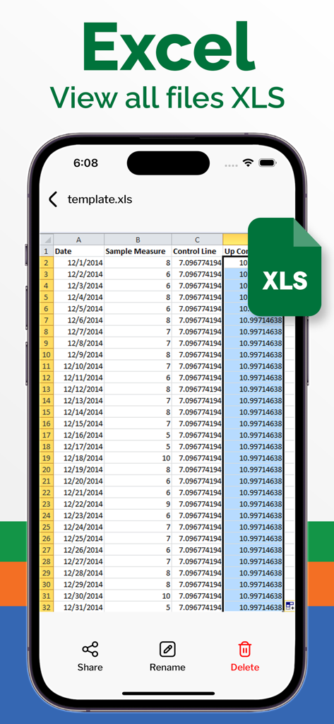 Mobile interface showing an Excel XLS spreadsheet with data columns for date and measurement