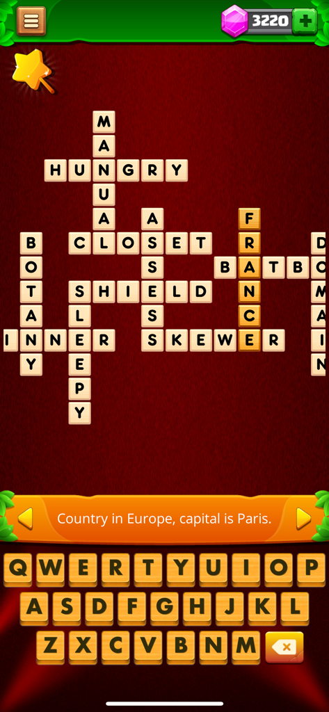 Crossword Master - Word Link - Crossword Master mobile game interface showing word tiles and a trivia clue