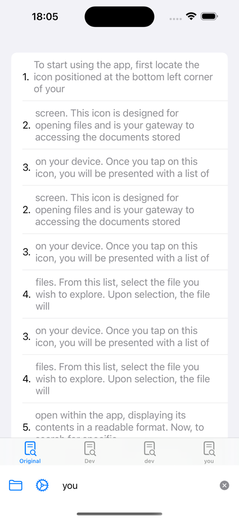 Greppy app interface displaying text search instructions and file management tools
