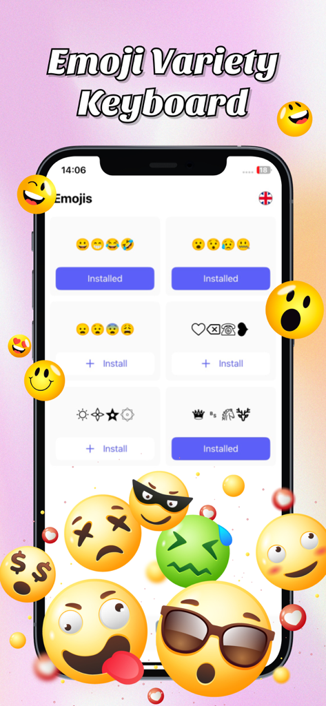 Font Keyboard - Cool Font - Font Keyboard app interface showing various emoji and symbol sets available for installation
