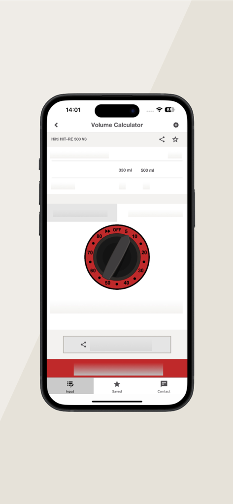 Hilti Volume Calculator - Interface of the Hilti Volume Calculator app showing a dial for estimating chemical anchor quantities for HIT RE 500 V3