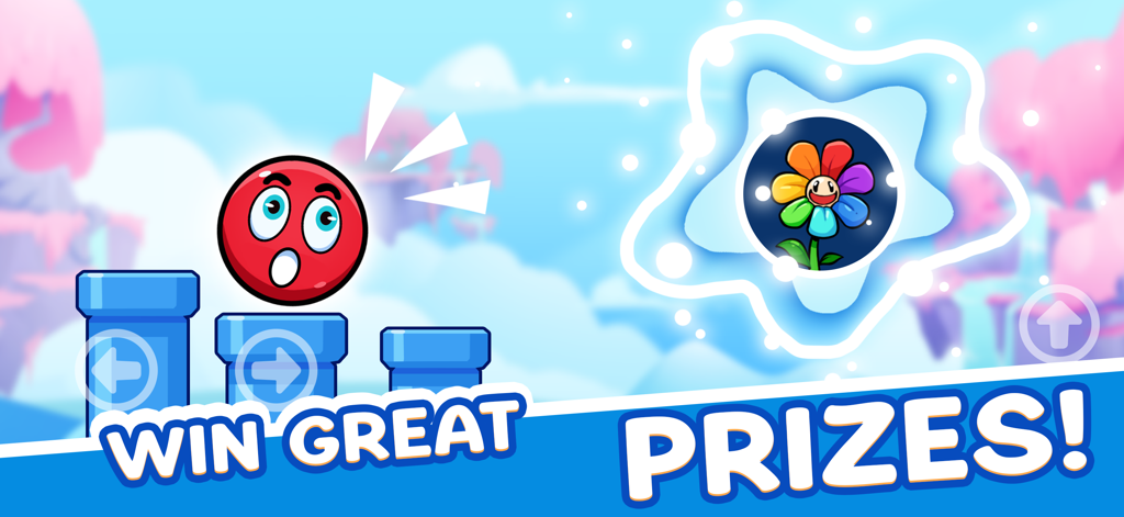 Ball W - Red Wonder Island - Red ball character looking at a rainbow flower prize in the Ball W Red Wonder Island game