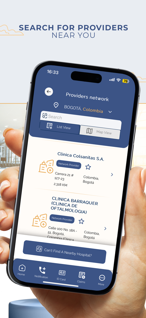 VUMI Travel VIP - VUMI Travel VIP app screen showing a list of medical providers near the user in Bogota Colombia