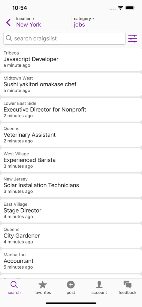Craigslist mobile app screen showing a list of diverse job postings in New York City