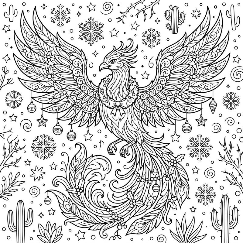 Discover a truly unique coloring experience with this magnificent desert phoenix, beautifully adorned for the Christmas season. Its widespread wings and intricate details offer a captivating blend of holiday spirit and resilient desert charm, perfect for creative minds.