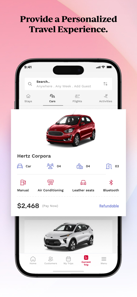 Screenshot der IntelePro App, der eine Mietwagenbuchungsoption für Hertz Corpora mit Details zu Funktionen und Preisen zeigt.