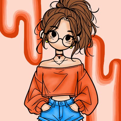 girl with a messy ponytail glasses a baggy crop top and jean shorts