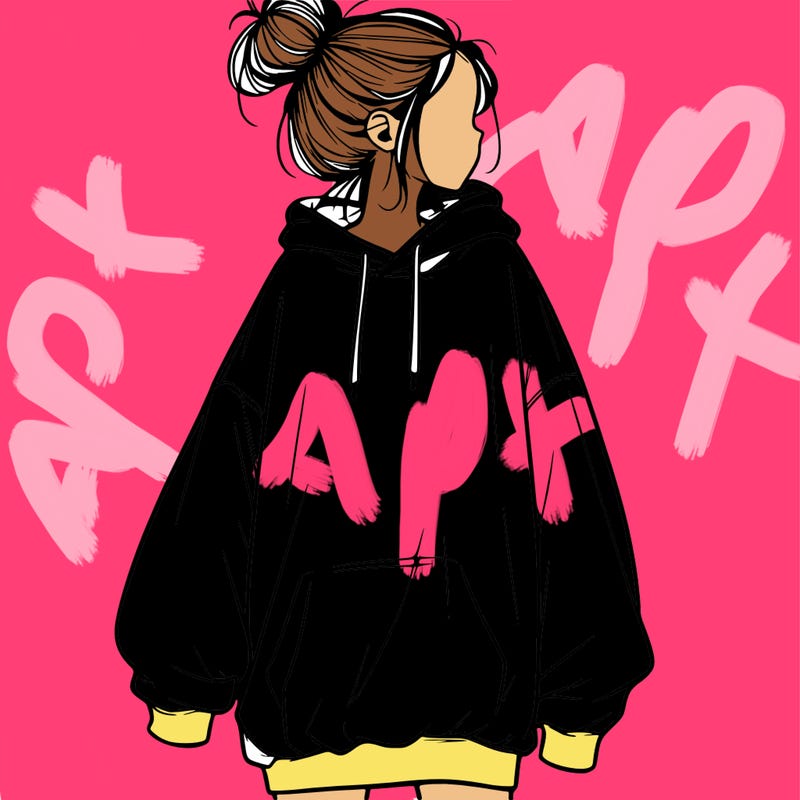 realistic girl with a oversized sweatshirt on and a bun