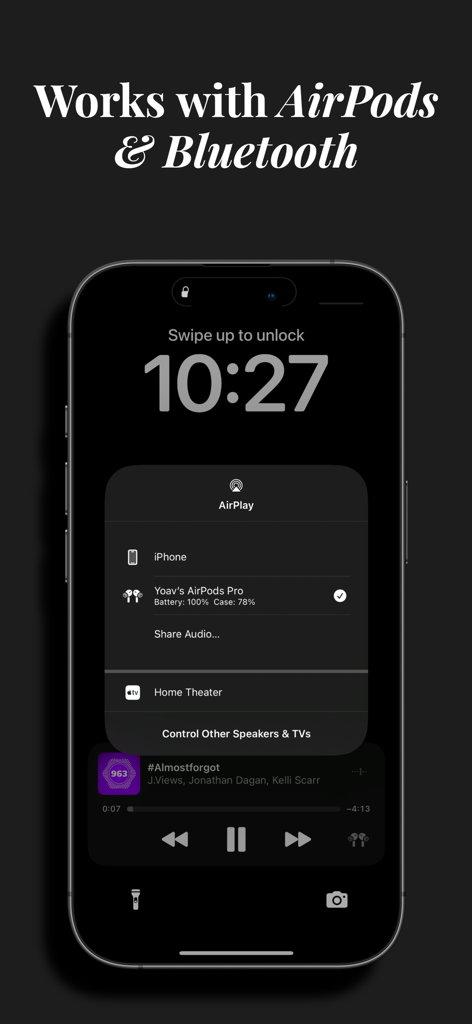 963 Player Plusアプリのインターフェースに、AirPods Proの接続とiPhoneでのAirPlay選択が表示されている。