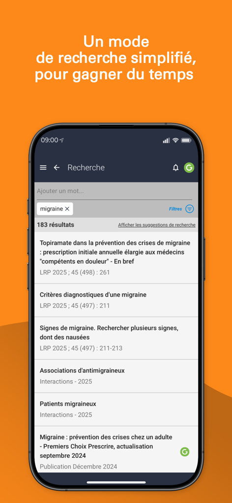 Application Prescrire - Vereinfachte Suchoberfläche der medizinischen App Application Prescrire, die Ergebnisse für Migräne anzeigt