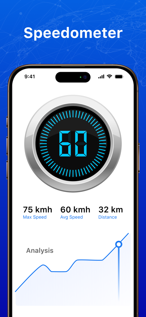 Radar Map, Radar Detector, HUD - Interfaz de velocímetro digital en un smartphone que muestra la velocidad actual y un gráfico de estadísticas de conducción