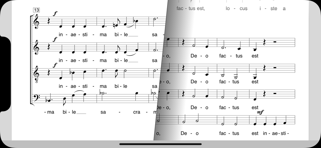 Ein Mobilgerät zeigt Chornoten mit einer sanften Umblätteranimation in der capella score reader App.